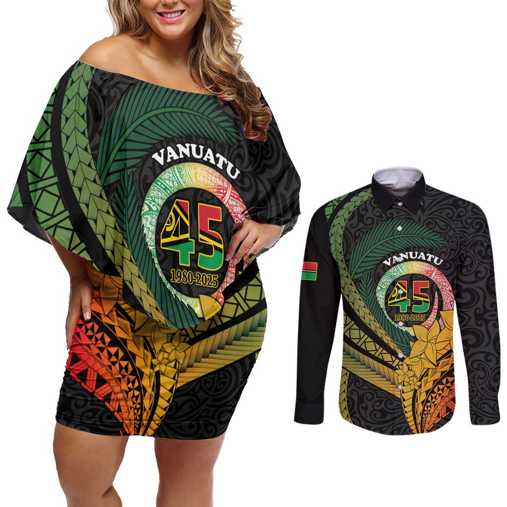 Personalised Vanuatu Independence Day Couples Matching Off Shoulder Short Dress and Long Sleeve Button Shirt July 30 Pig Tusk Long God Yumi Stanap LT14 Black - Polynesian Pride