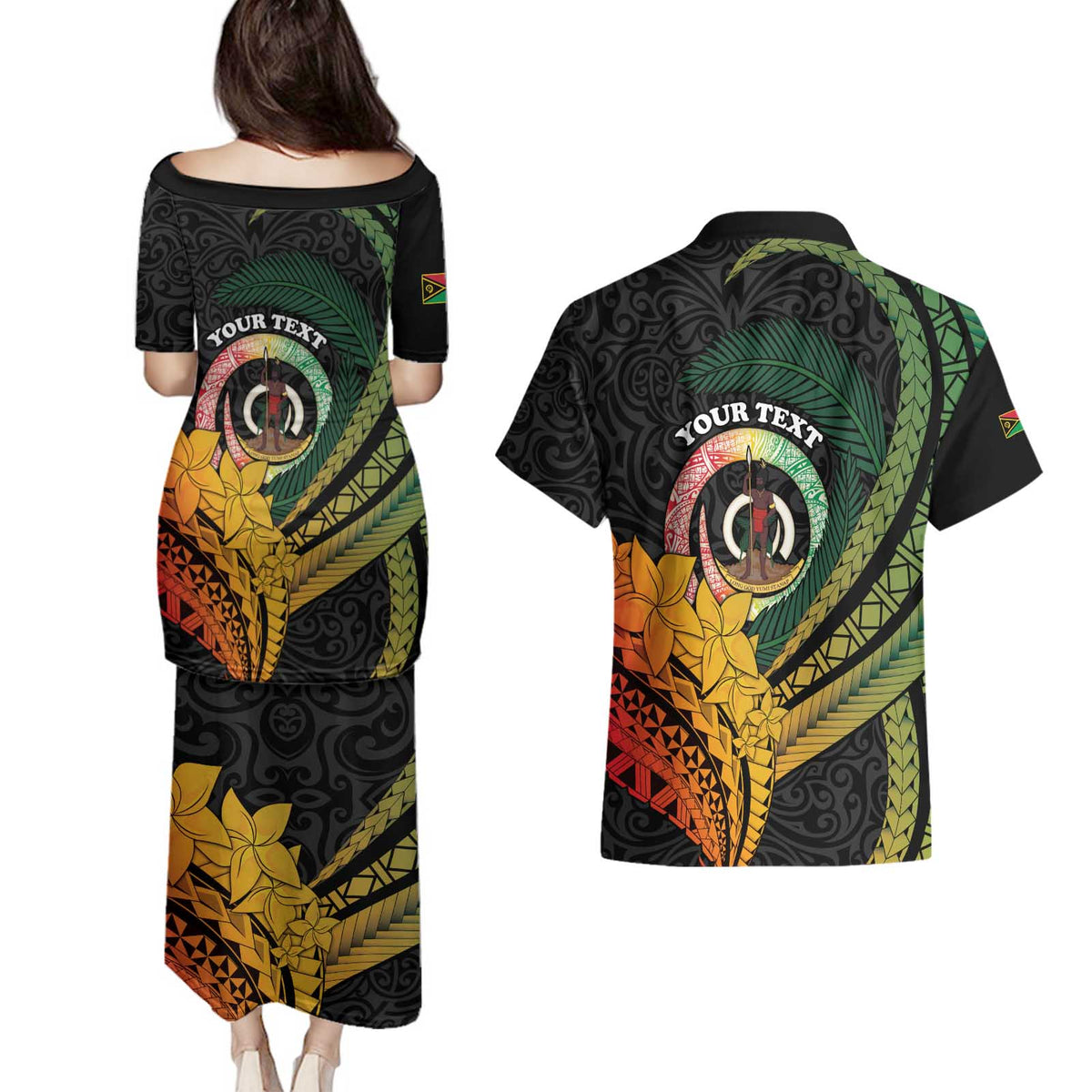 Personalised Vanuatu Independence Day Couples Matching Puletasi and Hawaiian Shirt July 30 Pig Tusk Long God Yumi Stanap LT14 - Polynesian Pride