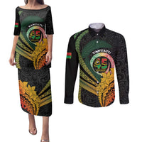Personalised Vanuatu Independence Day Couples Matching Puletasi and Long Sleeve Button Shirt July 30 Pig Tusk Long God Yumi Stanap LT14 Black - Polynesian Pride