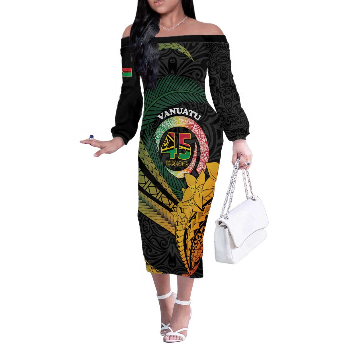 Personalised Vanuatu Independence Day Family Matching Off The Shoulder Long Sleeve Dress and Hawaiian Shirt July 30 Pig Tusk Long God Yumi Stanap LT14 Mom's Dress Black - Polynesian Pride