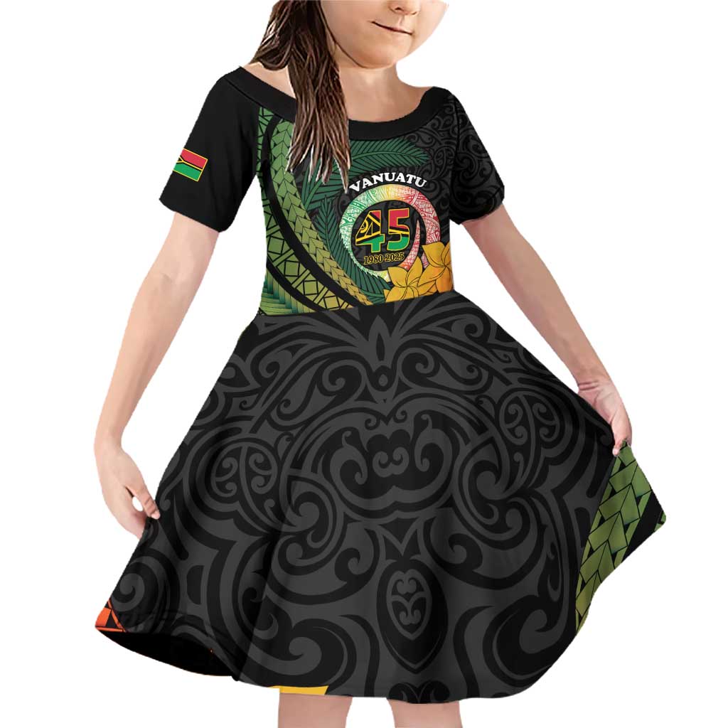 Personalised Vanuatu Independence Day Family Matching Off Shoulder Short Dress and Hawaiian Shirt July 30 Pig Tusk Long God Yumi Stanap LT14 Daughter's Dress Black - Polynesian Pride