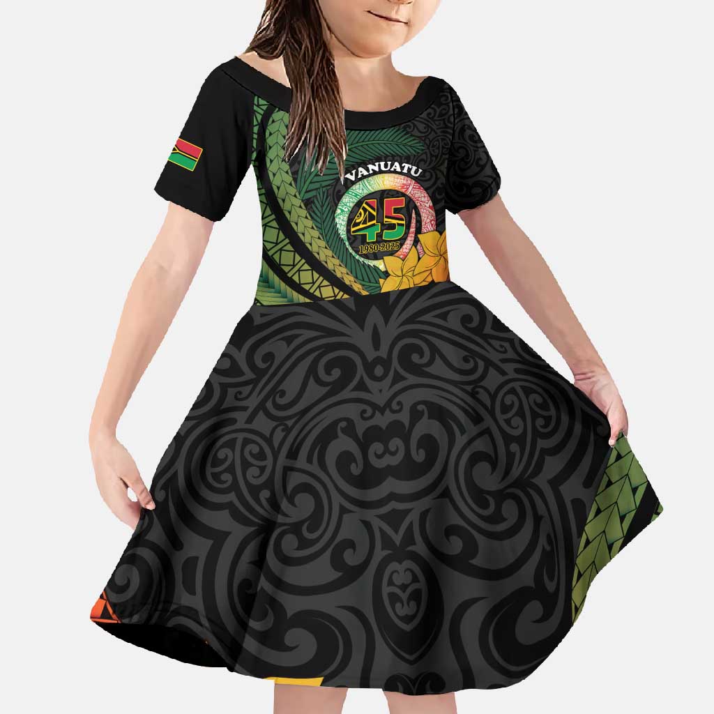 Personalised Vanuatu Independence Day Family Matching Short Sleeve Bodycon Dress and Hawaiian Shirt July 30 Pig Tusk Long God Yumi Stanap LT14 Daughter's Dress Black - Polynesian Pride