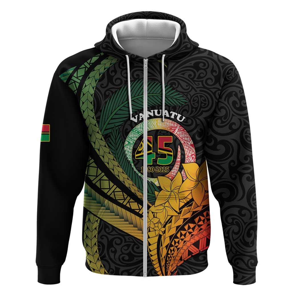 Personalised Vanuatu Independence Day Hoodie July 30 Pig Tusk Long God Yumi Stanap LT14 Zip Hoodie Black - Polynesian Pride