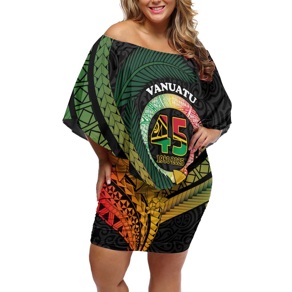 Personalised Vanuatu Independence Day Off Shoulder Short Dress July 30 Pig Tusk Long God Yumi Stanap LT14 Women Black - Polynesian Pride