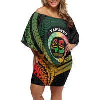 Personalised Vanuatu Independence Day Off Shoulder Short Dress July 30 Pig Tusk Long God Yumi Stanap LT14 Women Black - Polynesian Pride