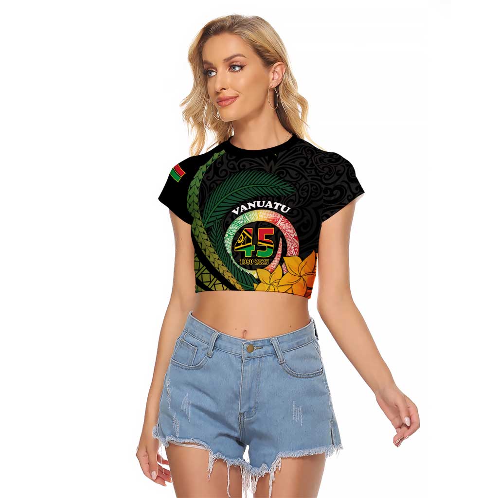 Personalised Vanuatu Independence Day Raglan Cropped T Shirt July 30 Pig Tusk Long God Yumi Stanap LT14 Female Black - Polynesian Pride