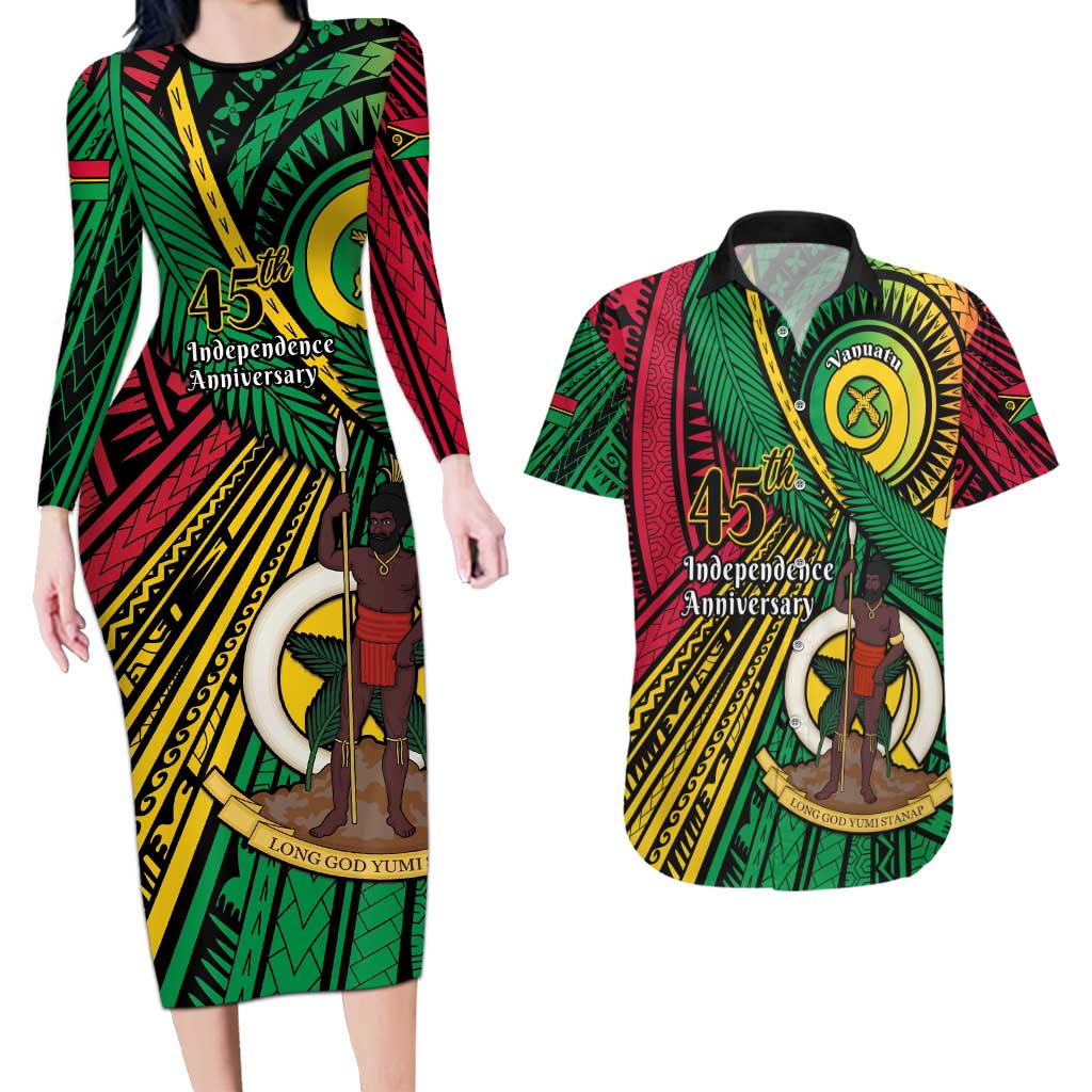 Halo Vanuatu Couples Matching Long Sleeve Bodycon Dress and Hawaiian Shirt Happy 45th Independence Anniversary LT14 Black - Polynesian Pride