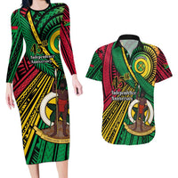 Halo Vanuatu Couples Matching Long Sleeve Bodycon Dress and Hawaiian Shirt Happy 45th Independence Anniversary LT14 Black - Polynesian Pride