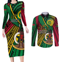 Halo Vanuatu Couples Matching Long Sleeve Bodycon Dress and Long Sleeve Button Shirt Happy 45th Independence Anniversary LT14 Black - Polynesian Pride