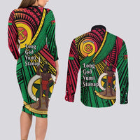 Halo Vanuatu Couples Matching Long Sleeve Bodycon Dress and Long Sleeve Button Shirt Happy 45th Independence Anniversary LT14 - Polynesian Pride