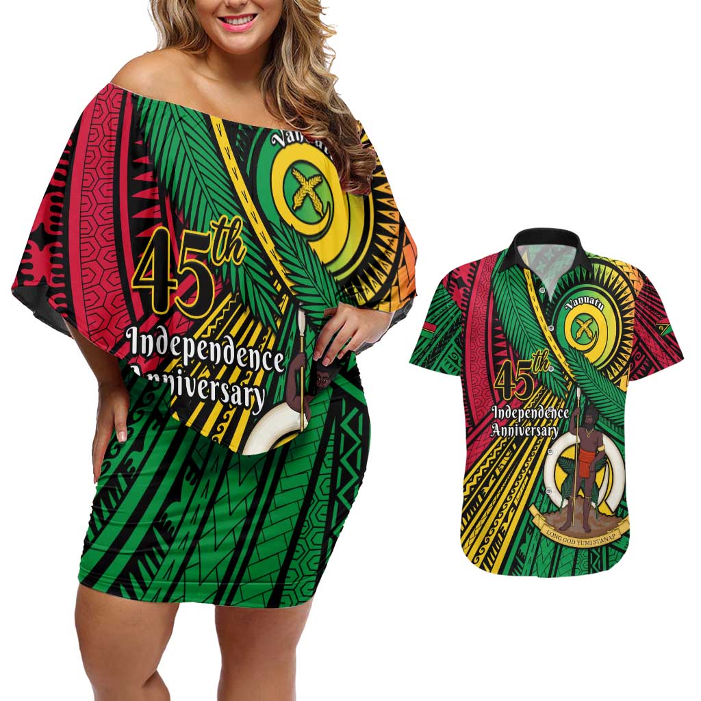 Halo Vanuatu Couples Matching Off Shoulder Short Dress and Hawaiian Shirt Happy 45th Independence Anniversary LT14 Black - Polynesian Pride