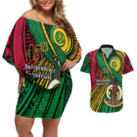 Halo Vanuatu Couples Matching Off Shoulder Short Dress and Hawaiian Shirt Happy 45th Independence Anniversary LT14 Black - Polynesian Pride