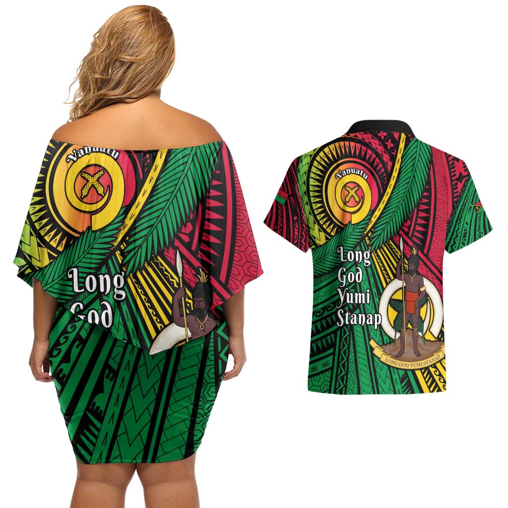 Halo Vanuatu Couples Matching Off Shoulder Short Dress and Hawaiian Shirt Happy 45th Independence Anniversary LT14 - Polynesian Pride