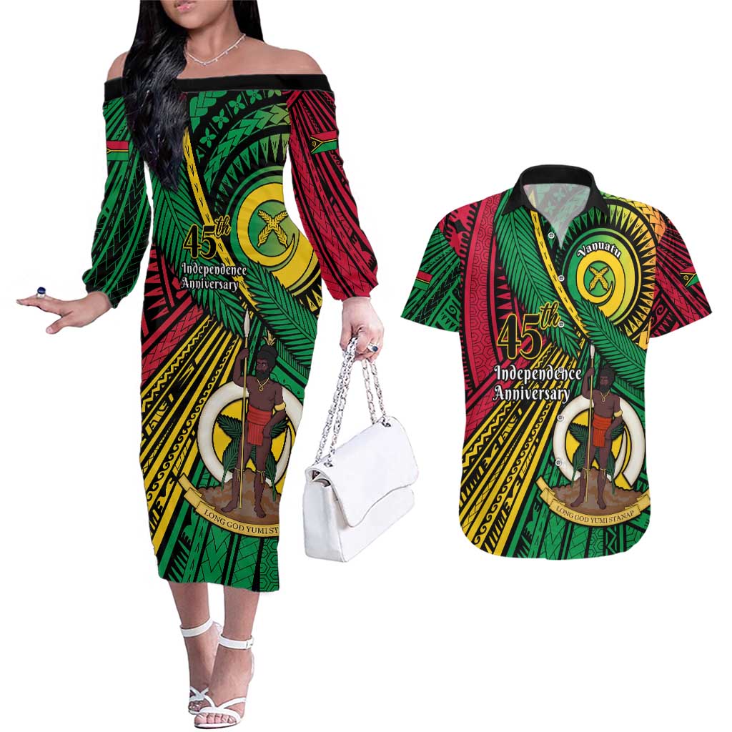 Halo Vanuatu Couples Matching Off The Shoulder Long Sleeve Dress and Hawaiian Shirt Happy 45th Independence Anniversary
