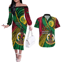 Halo Vanuatu Couples Matching Off The Shoulder Long Sleeve Dress and Hawaiian Shirt Happy 45th Independence Anniversary LT14 Black - Polynesian Pride