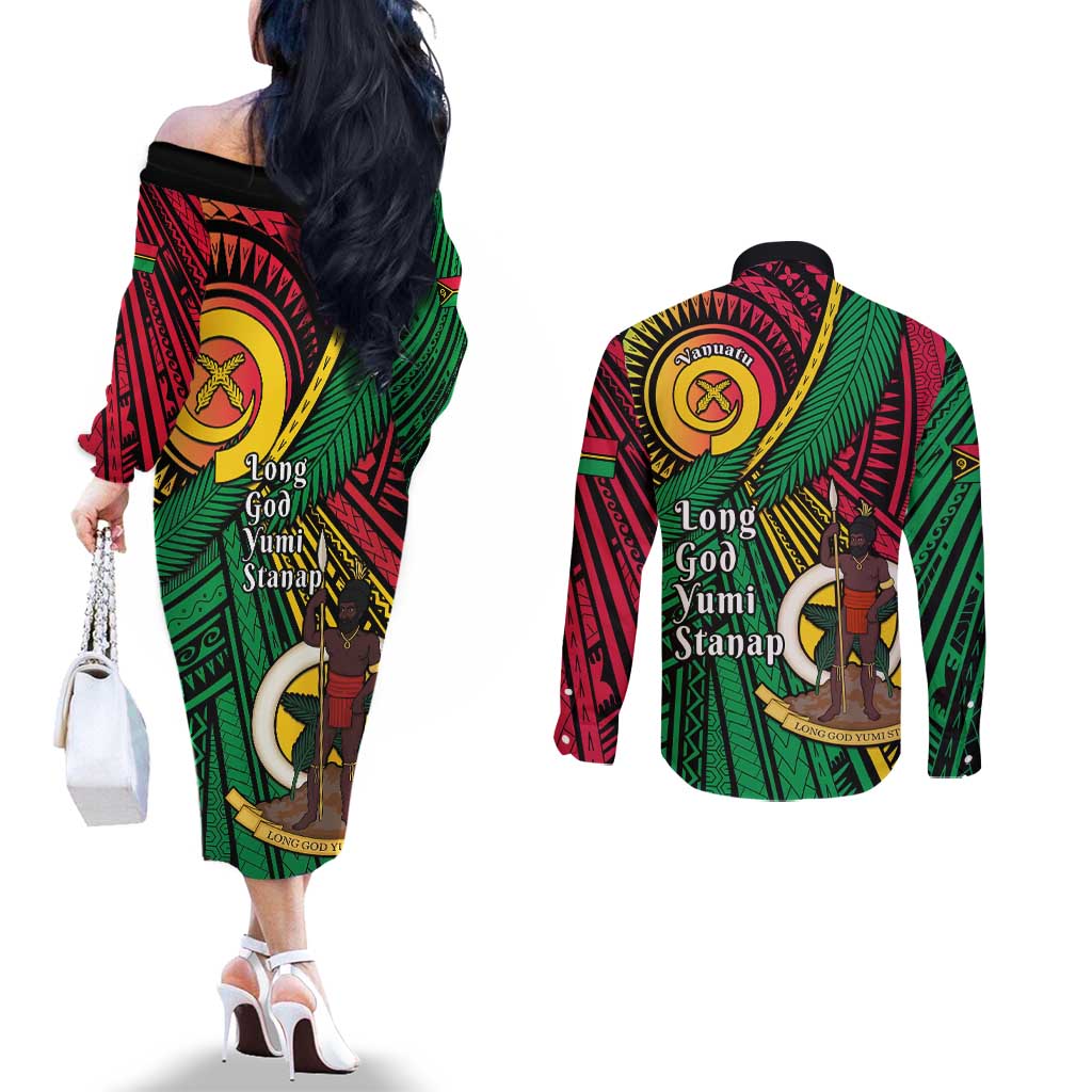 Halo Vanuatu Couples Matching Off The Shoulder Long Sleeve Dress and Long Sleeve Button Shirt Happy 45th Independence Anniversary LT14 - Polynesian Pride