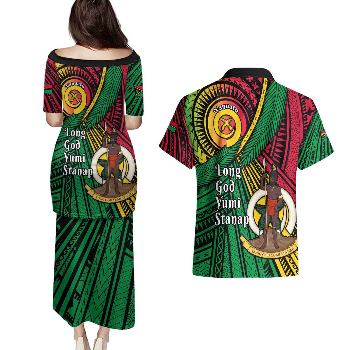 Halo Vanuatu Couples Matching Puletasi and Hawaiian Shirt Happy 45th Independence Anniversary