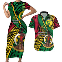 Halo Vanuatu Couples Matching Short Sleeve Bodycon Dress and Hawaiian Shirt Happy 45th Independence Anniversary LT14 Black - Polynesian Pride