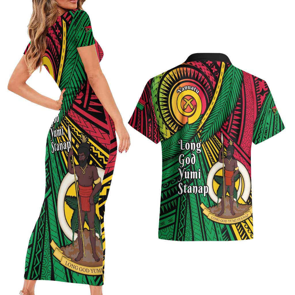 Halo Vanuatu Couples Matching Short Sleeve Bodycon Dress and Hawaiian Shirt Happy 45th Independence Anniversary LT14 - Polynesian Pride