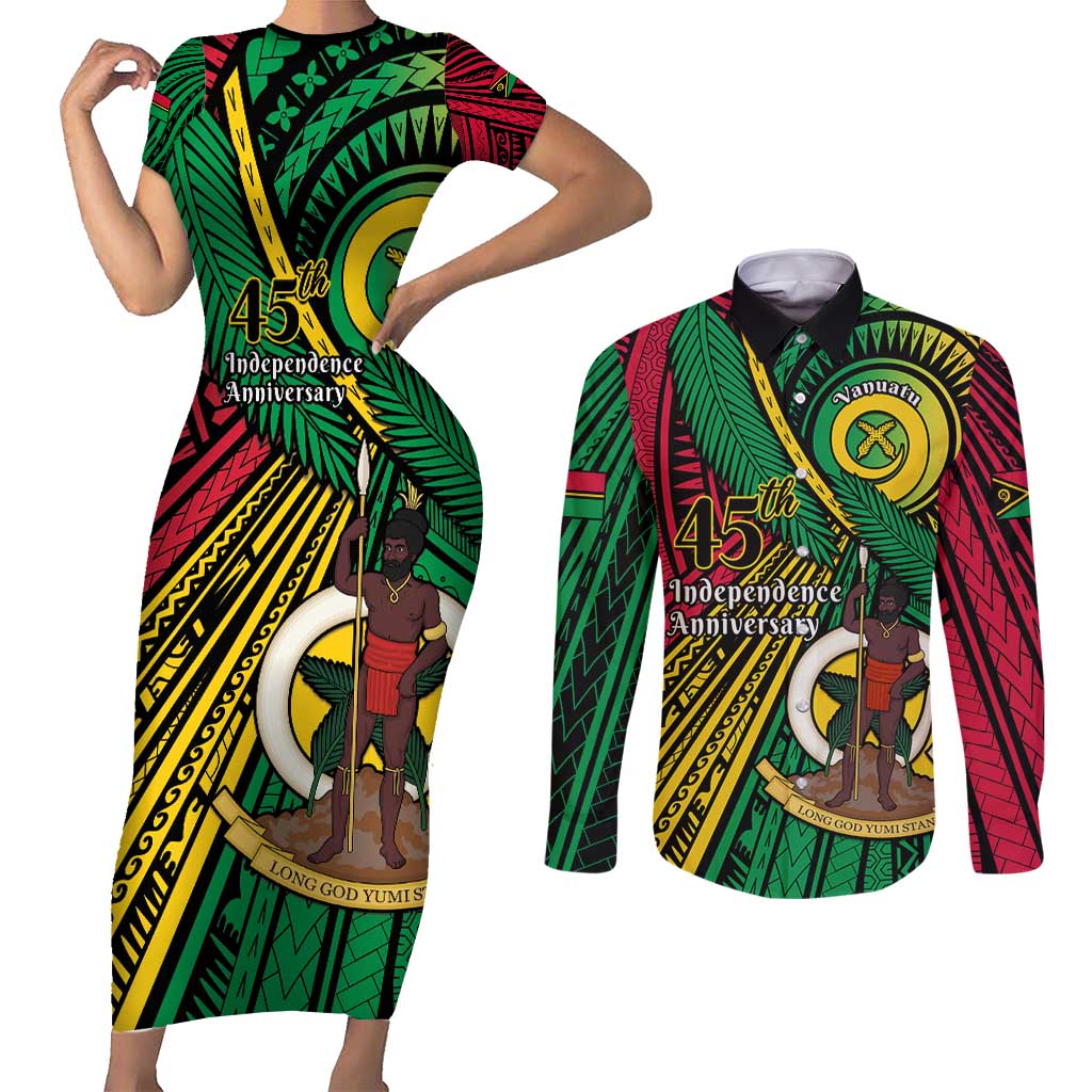 Halo Vanuatu Couples Matching Short Sleeve Bodycon Dress and Long Sleeve Button Shirt Happy 45th Independence Anniversary LT14 Black - Polynesian Pride