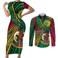 Halo Vanuatu Couples Matching Short Sleeve Bodycon Dress and Long Sleeve Button Shirt Happy 45th Independence Anniversary LT14 Black - Polynesian Pride