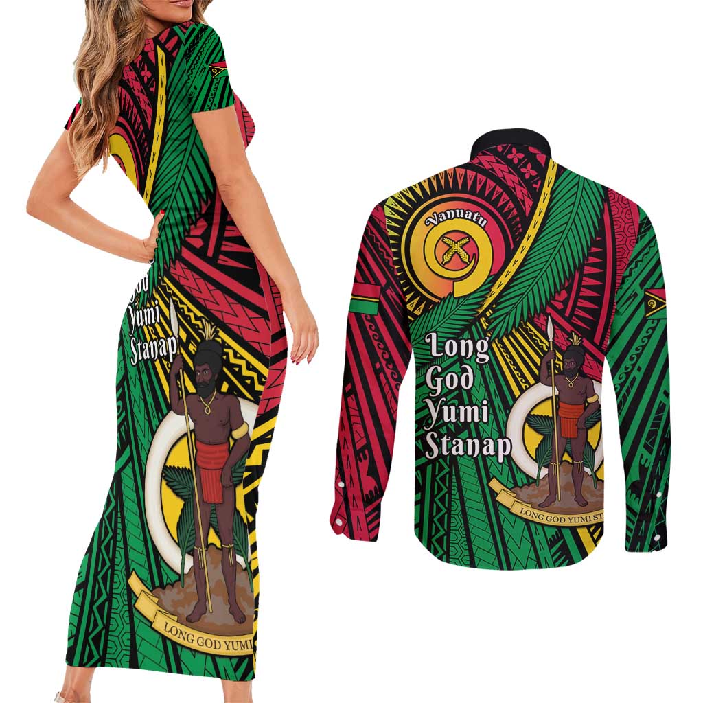 Halo Vanuatu Couples Matching Short Sleeve Bodycon Dress and Long Sleeve Button Shirt Happy 45th Independence Anniversary LT14 - Polynesian Pride