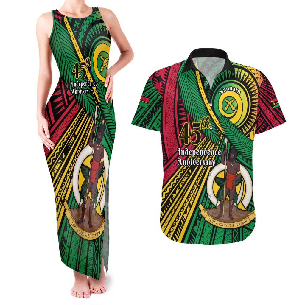 Halo Vanuatu Couples Matching Tank Maxi Dress and Hawaiian Shirt Happy 45th Independence Anniversary LT14 Black - Polynesian Pride