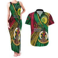 Halo Vanuatu Couples Matching Tank Maxi Dress and Hawaiian Shirt Happy 45th Independence Anniversary LT14 Black - Polynesian Pride