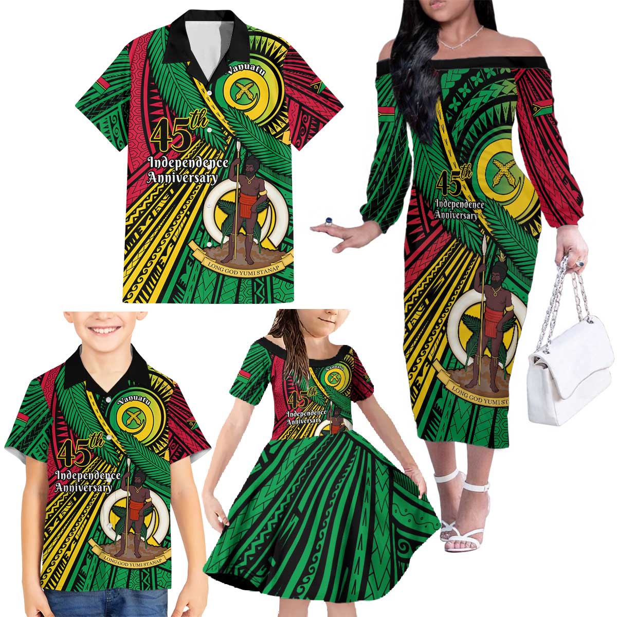 Halo Vanuatu Family Matching Off The Shoulder Long Sleeve Dress and Hawaiian Shirt Happy 45th Independence Anniversary