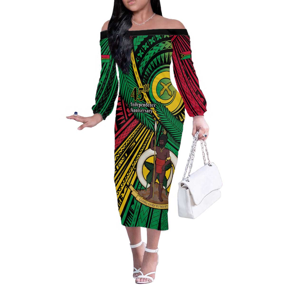 Halo Vanuatu Family Matching Off The Shoulder Long Sleeve Dress and Hawaiian Shirt Happy 45th Independence Anniversary LT14 Mom's Dress Black - Polynesian Pride