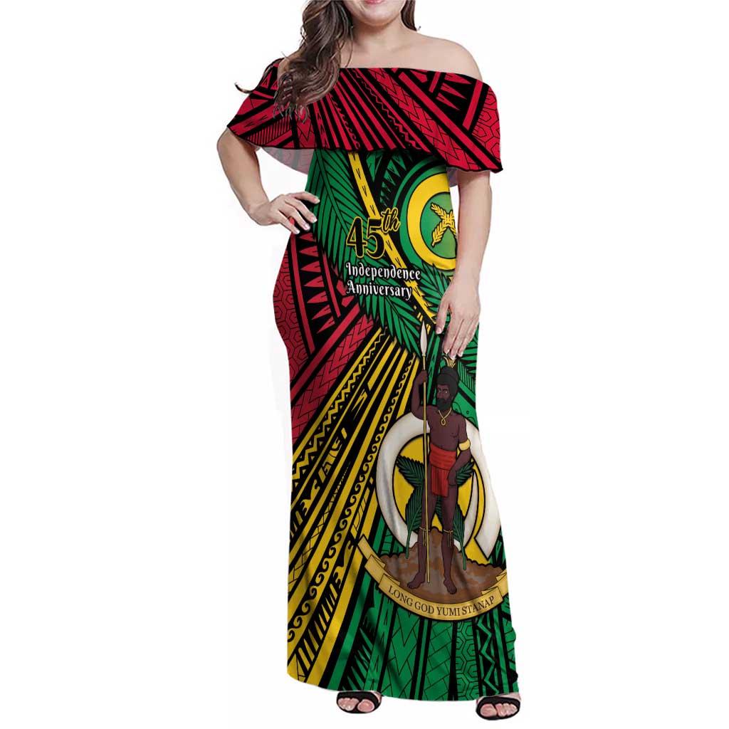 Halo Vanuatu Family Matching Off Shoulder Maxi Dress and Hawaiian Shirt Happy 45th Independence Anniversary LT14 Mom's Dress Black - Polynesian Pride