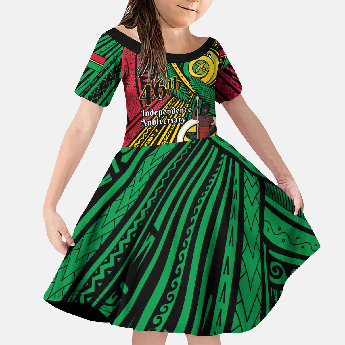 Halo Vanuatu Kid Short Sleeve Dress Happy 46th Independence Anniversary LT14 KID Black - Polynesian Pride