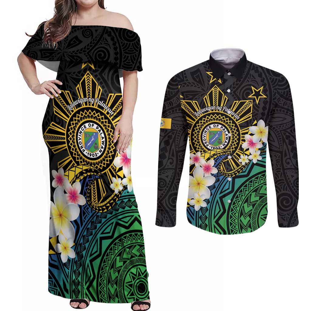 Lalawigan ng Palawan Couples Matching Off Shoulder Maxi Dress and Long Sleeve Button Shirt Philippines Province Land of Promise LT14 Black - Polynesian Pride