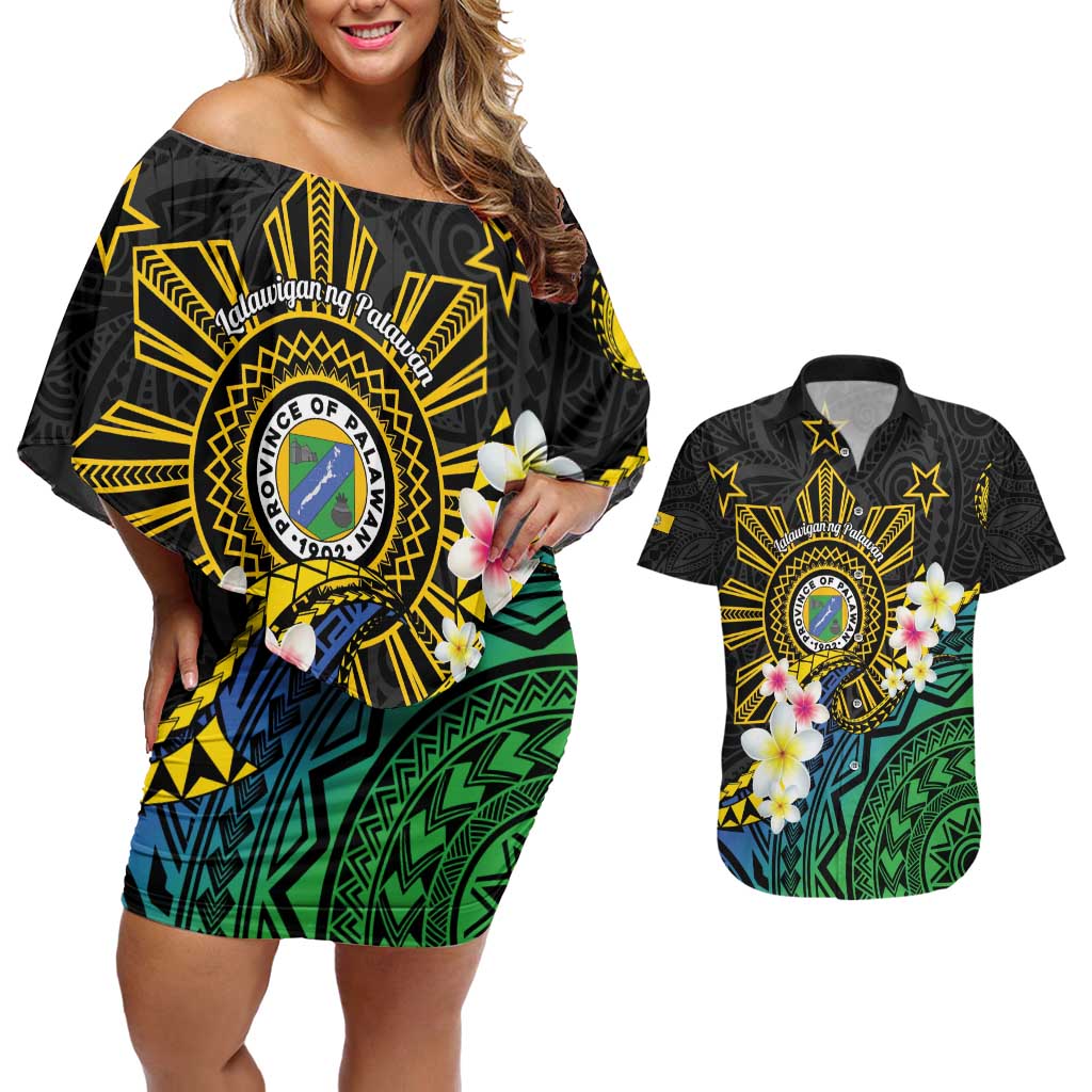 Lalawigan ng Palawan Couples Matching Off Shoulder Short Dress and Hawaiian Shirt Philippines Province Land of Promise LT14 Black - Polynesian Pride