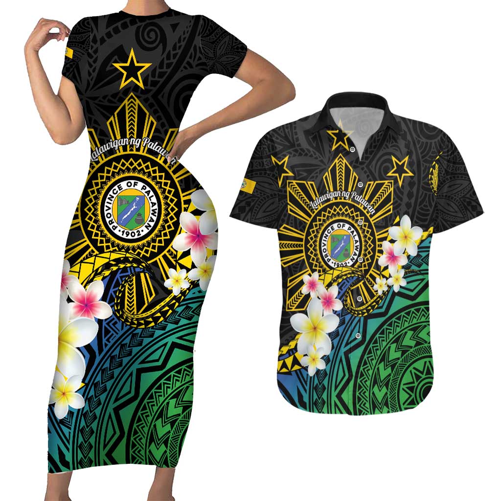 Lalawigan ng Palawan Couples Matching Short Sleeve Bodycon Dress and Hawaiian Shirt Philippines Province Land of Promise LT14 Black - Polynesian Pride