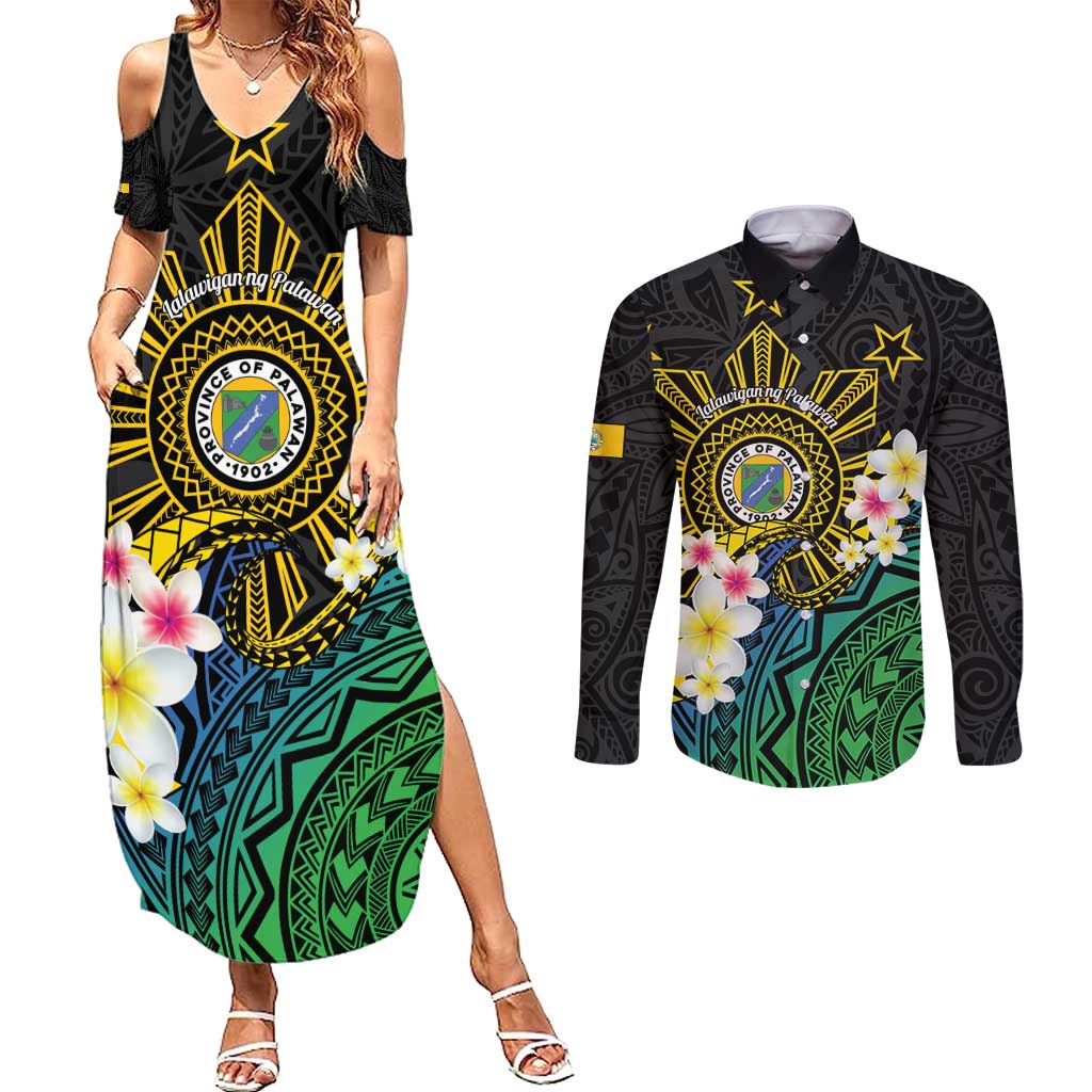 Lalawigan ng Palawan Couples Matching Summer Maxi Dress and Long Sleeve Button Shirt Philippines Province Land of Promise LT14 Black - Polynesian Pride