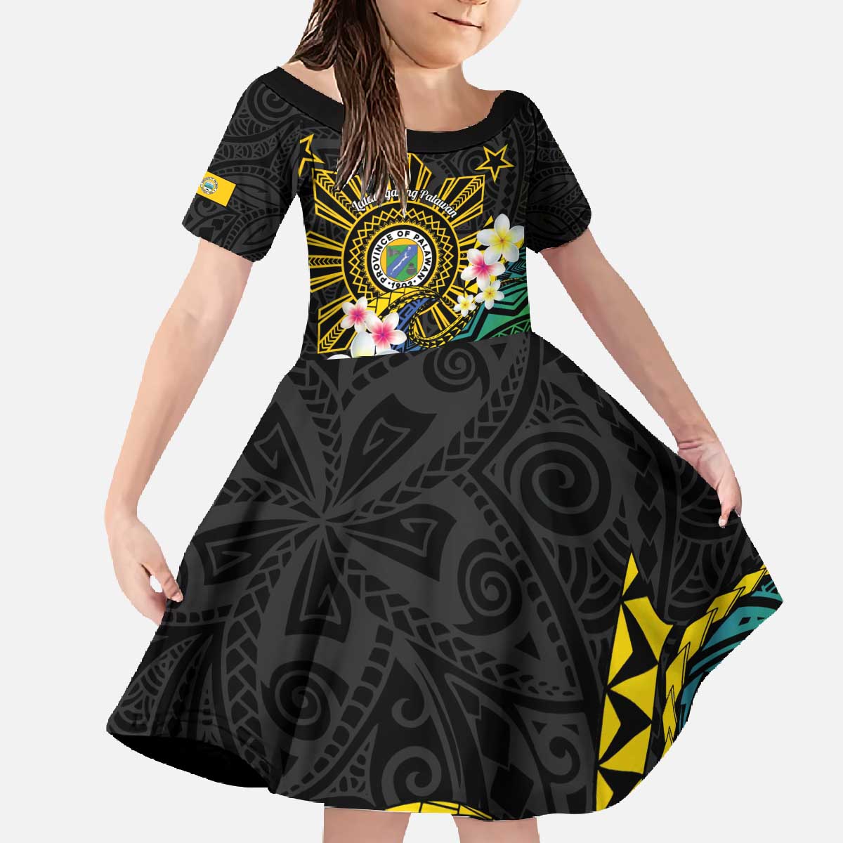 Lalawigan ng Palawan Family Matching Off The Shoulder Long Sleeve Dress and Hawaiian Shirt Philippines Province Land of Promise LT14 Daughter's Dress Black - Polynesian Pride