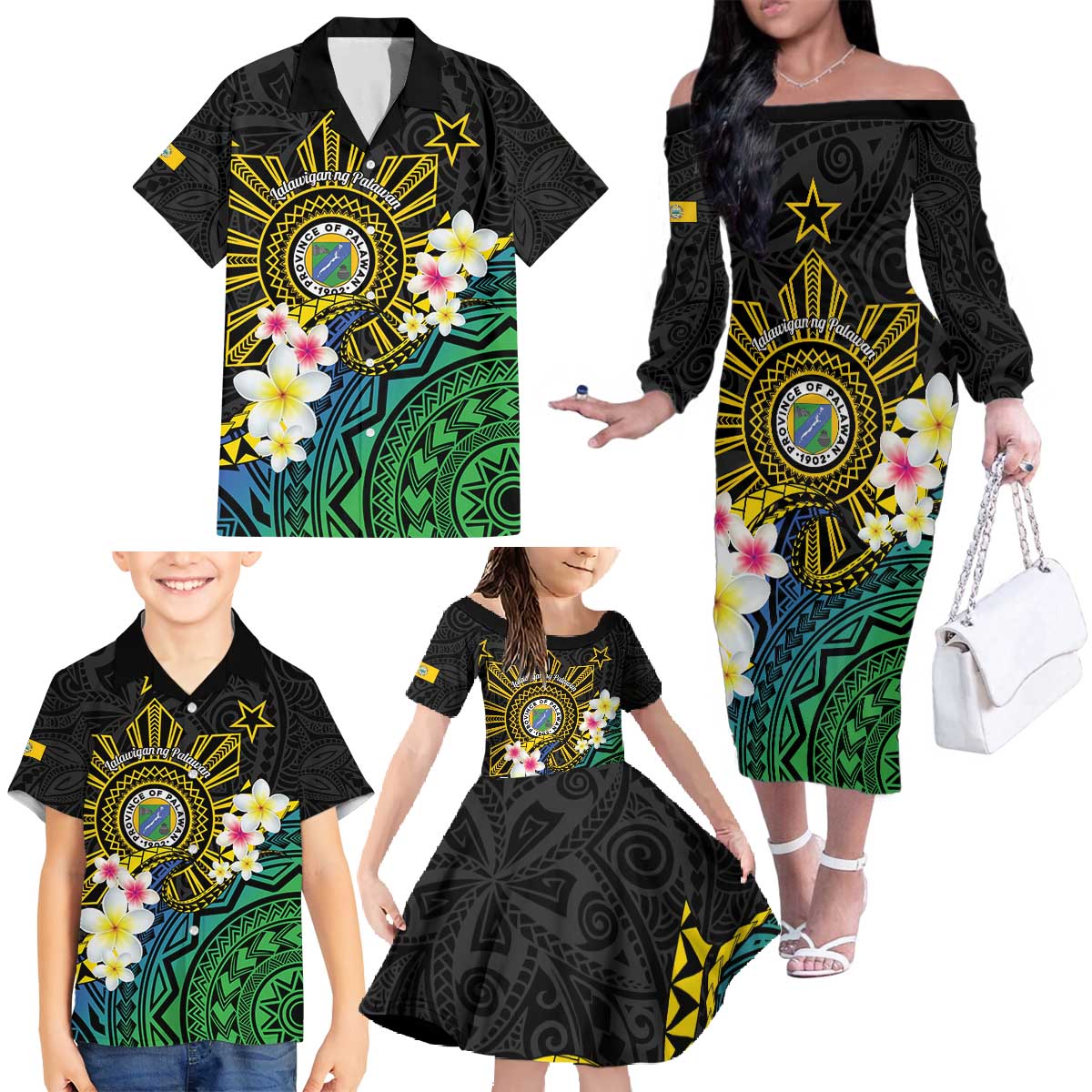 Lalawigan ng Palawan Family Matching Off The Shoulder Long Sleeve Dress and Hawaiian Shirt Philippines Province Land of Promise LT14 - Polynesian Pride