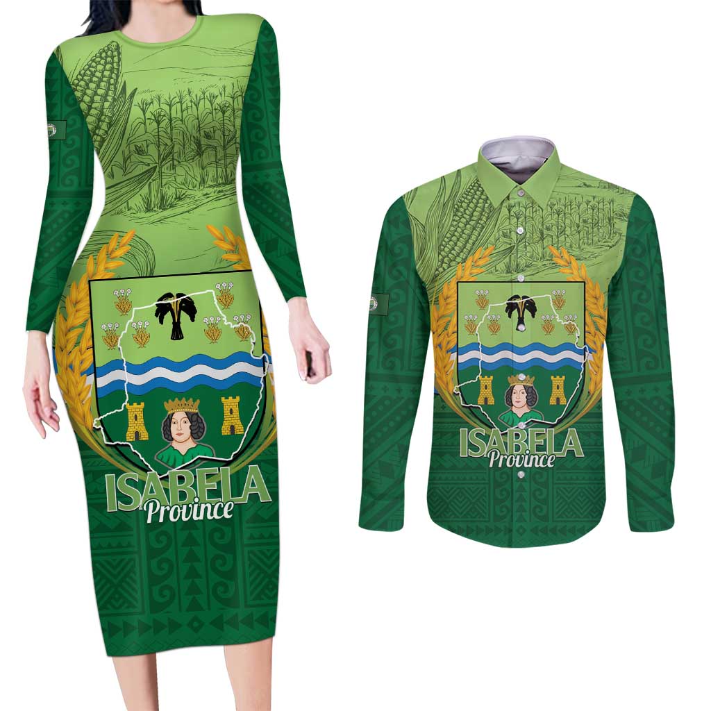 Isabela Philippines Couples Matching Long Sleeve Bodycon Dress and Long Sleeve Button Shirt Queen Province Of The North LT14 Green - Polynesian Pride