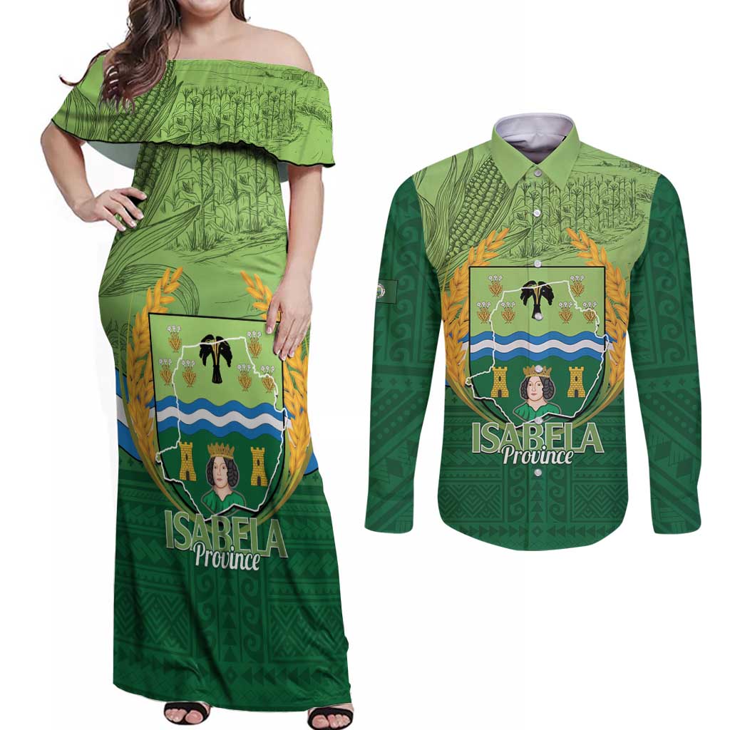 Isabela Philippines Couples Matching Off Shoulder Maxi Dress and Long Sleeve Button Shirt Queen Province Of The North LT14 Green - Polynesian Pride