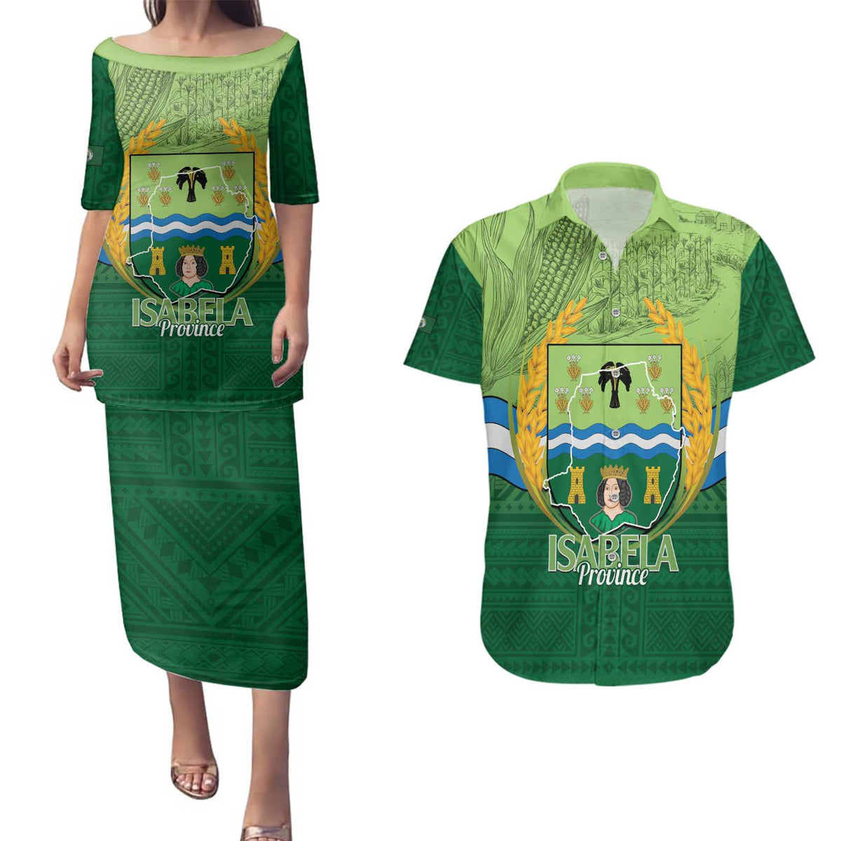 Isabela Philippines Couples Matching Puletasi and Hawaiian Shirt Queen Province Of The North LT14 Green - Polynesian Pride
