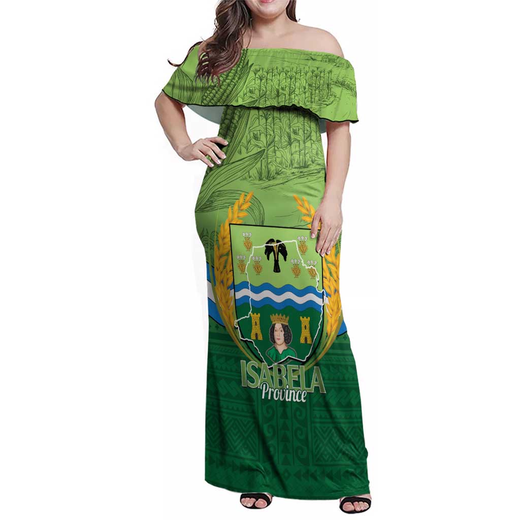 Isabela Philippines Family Matching Off Shoulder Maxi Dress and Hawaiian Shirt Queen Province Of The North LT14 Mom's Dress Green - Polynesian Pride
