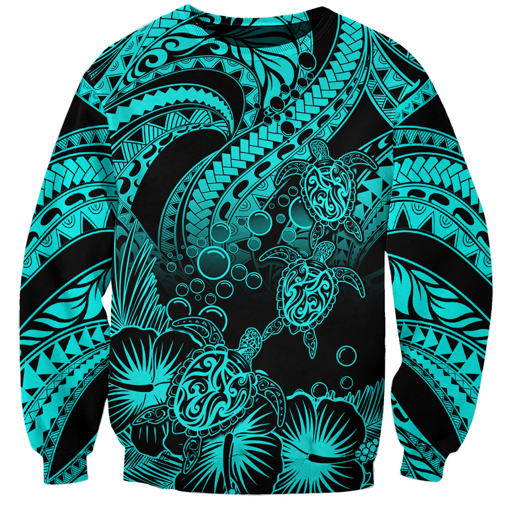 Personalised Polynesian Sweatshirt Tribal Honu Turtle with Hibiscus Turquoise Version LT14 Unisex Turquoise - Polynesian Pride