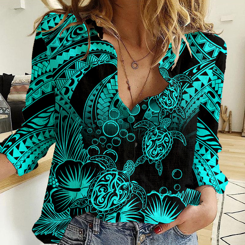 Personalised Polynesian Women Casual Shirt Tribal Honu Turtle with Hibiscus Turquoise Version LT14 Female Turquoise - Polynesian Pride