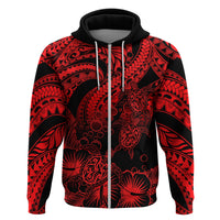 Custom Polynesian Hoodie Tribal Honu Turtle with Hibiscus Red Version LT14 Zip Hoodie Red - Polynesian Pride