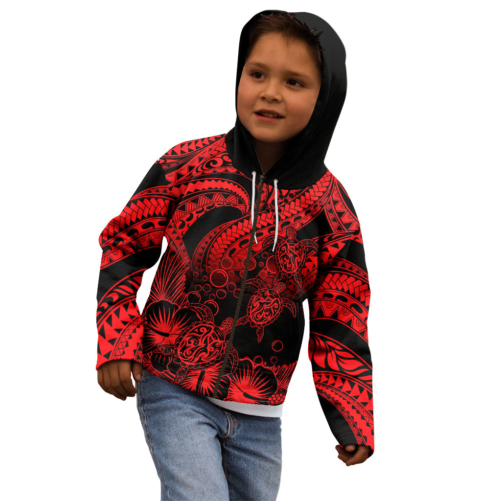 Personalised Polynesian Kid Hoodie Tribal Honu Turtle with Hibiscus Red Version LT14 - Polynesian Pride