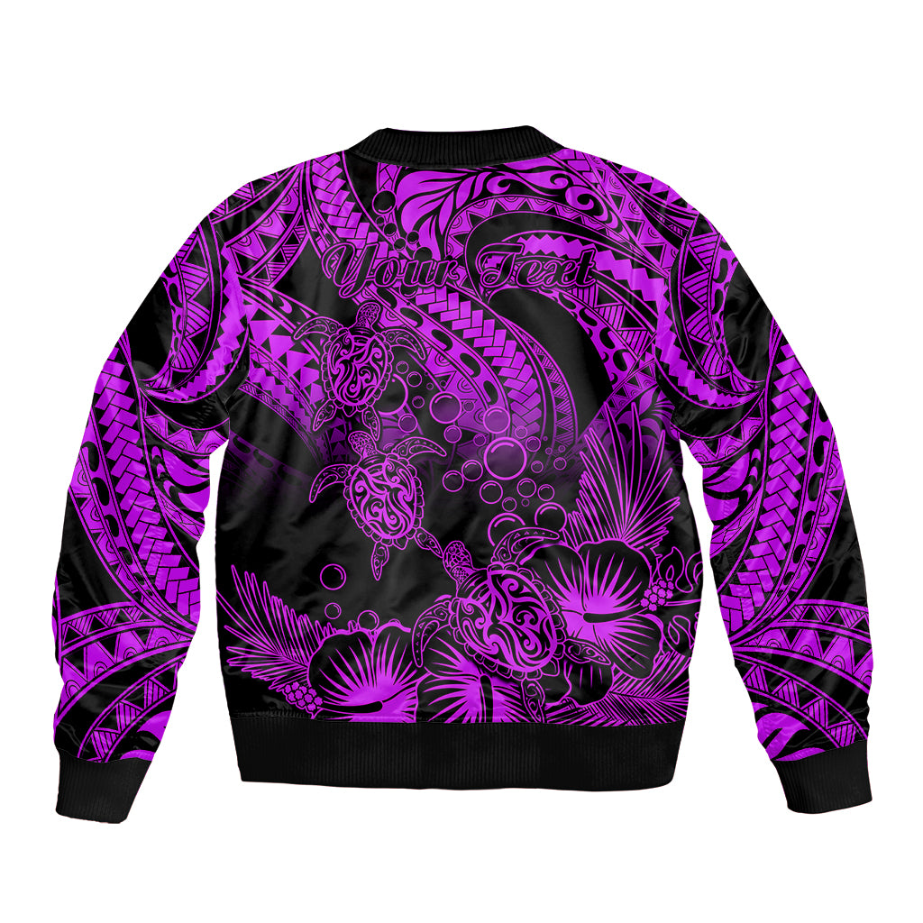 Personalised Polynesian Sleeve Zip Bomber Jacket Tribal Honu Turtle with Hibiscus Purple Version LT14 - Polynesian Pride