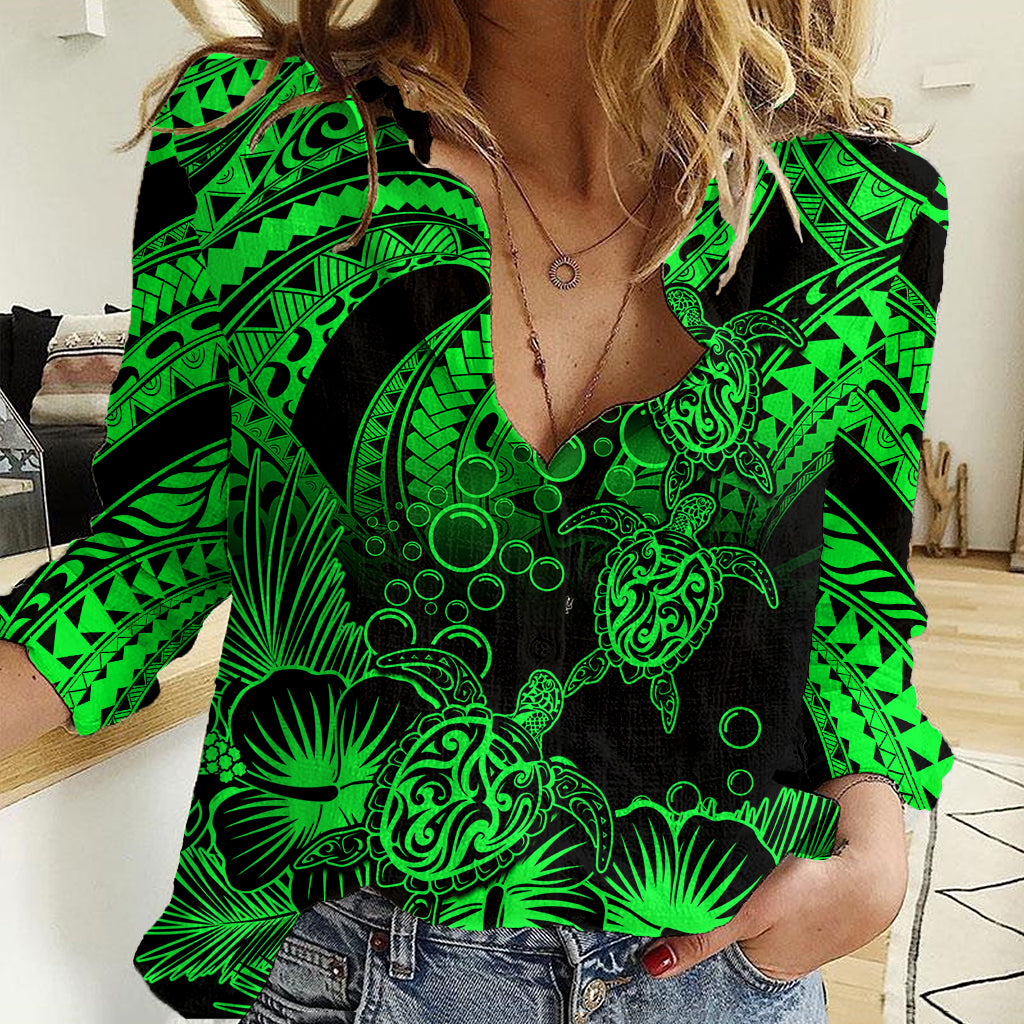 Personalised Polynesian Women Casual Shirt Tribal Honu Turtle with Hibiscus Green Version LT14 Female Green - Polynesian Pride