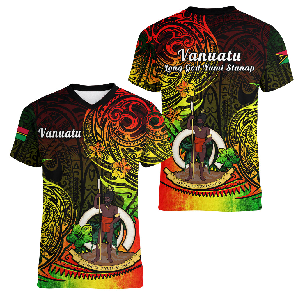 Polynesian Pride Vanuatu Women V Neck T Shirt Reggae Polynesia Long God Yumi Stanap LT14 - Polynesian Pride