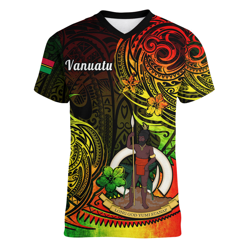 Personalised Vanuatu Women V Neck T Shirt Reggae Polynesia Long God Yumi Stanap LT14 Female Reggae - Polynesian Pride